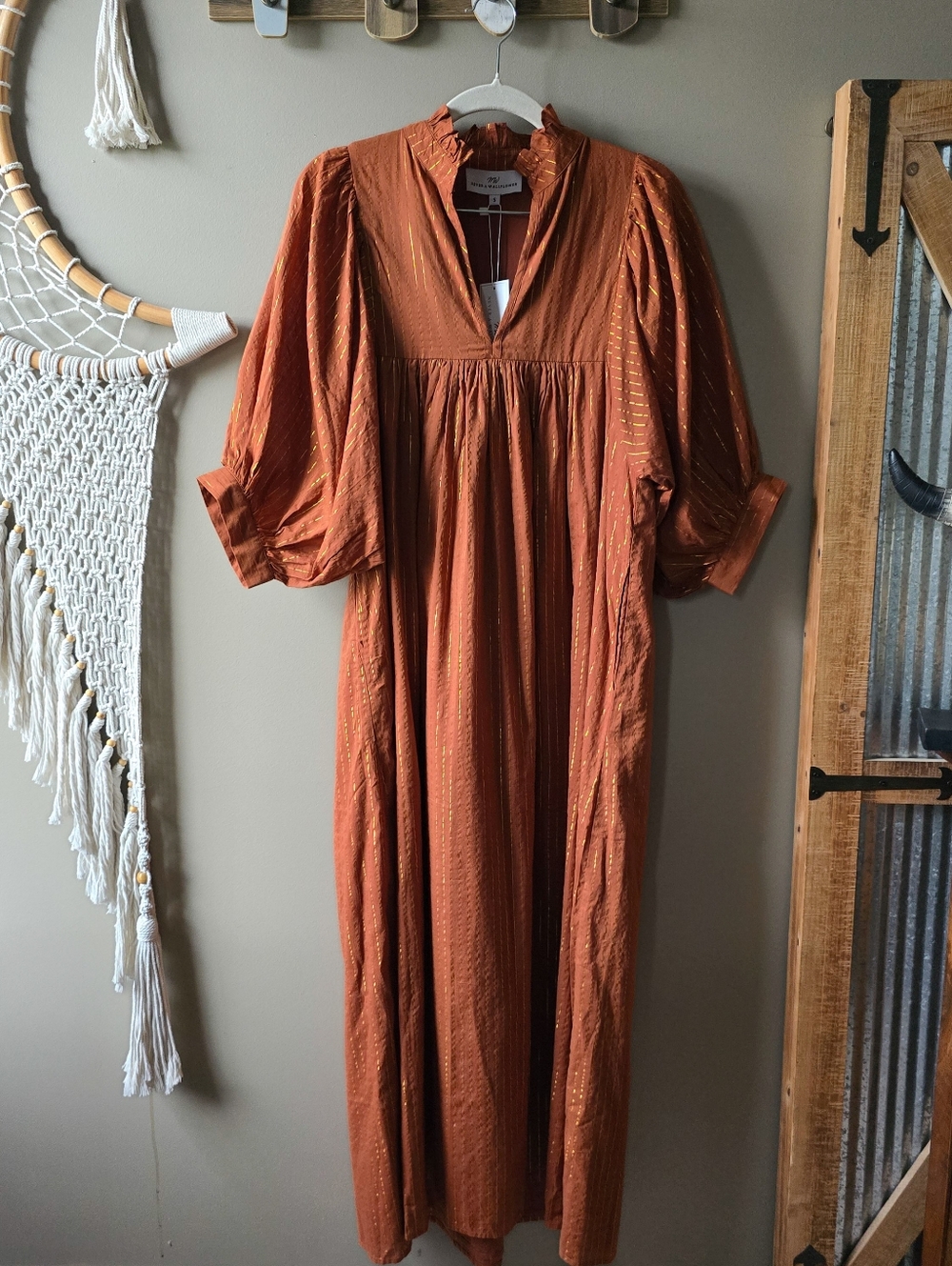Never A Wallflower High Neck Midi Dress Burnt Orange Pin Stripe Nwt